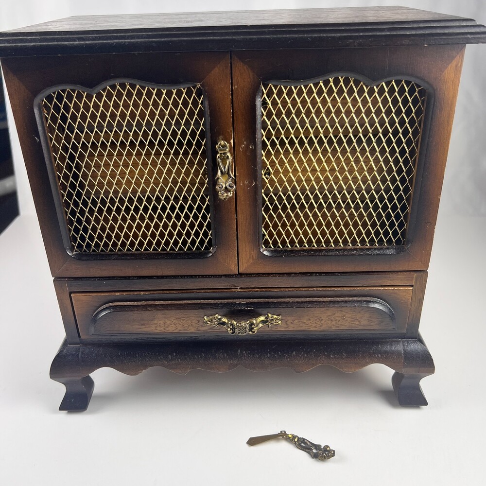 Vintage Wooden Musical Jewelry Box Armoire Cabinet Drawer Wind-Up Music Brown